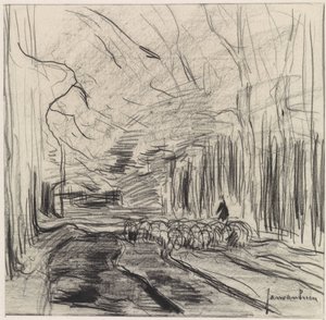 Flock får i en skog av Jan van Essen