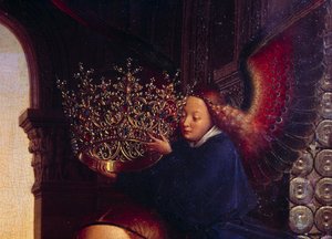 En ängel som kröner Jungfrun. Detalj av "" Jungfrun av kansler Rolin""" Nicolas Rolin (1376-1461) var kansler i Bourgogne under Philippe Le Bon och grundare av Hospices de Beaune 1443. Målning av Jan van Eyck (1390-1441) av Jan van Eyck