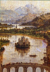 Landskap”” Detalj av “” Jungfrun av kansler Rolin””” Nicolas Rolin (1376-1461) var kansler i Bourgogne under Philippe Le Bon och grundare av Hospices de Beaune 1443. Målning av Jan van Eyck (1390-1441) av Jan van Eyck