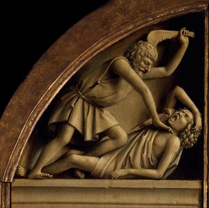 Gents altartavla. Tillbedjan av det mystiska lammet: Kain dödar Abel, 1432. av Jan van Eyck