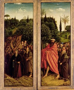 Gents altartavla. Tillbedjan av det mystiska lammet: De heliga eremiterna och de heliga pilgrimerna, 1432. av Jan van Eyck