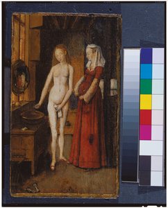 Kvinna vid hennes toalett (olja på ekpanel) av Jan van Eyck