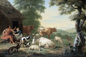 Arkadiskt landskap med herdar och boskap av Jan van Gool