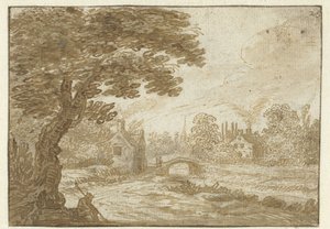 Landskap med hus och en bro av Jan van Goyen (possibly)
