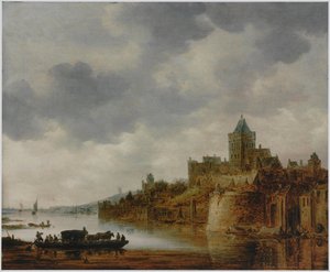 Holländska: Rivier Landskap med utsikt över Valkhof, Nijmegen River Landskap med utsikt över Valkhof, Nijmegen av Jan van Goyen