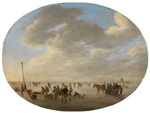 Holländskt platt landskap med skridskoåkare av Jan van Goyen