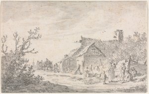 Landskap med stuga och figurer