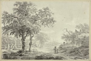 Man och pojke går längs en byväg av Jan van Goyen