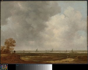 Panoramautsikt över en flod med lågt liggande ängar av Jan van Goyen