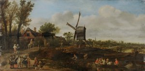 Flodlandskap med väderkvarn och båtar av Jan van Goyen