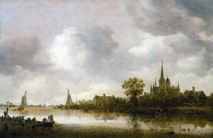 Flodlandskap med en kyrka i fjärran