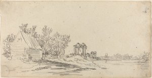 Flodlandskap med en avlägsen bro av Jan van Goyen