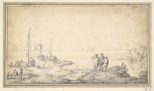 Tre figurer på en sanddyn med utsikt över bukten med skepp av Jan van Goyen