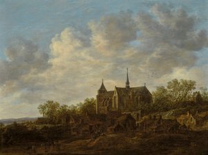 Utsikt över en by med en stor gotisk kyrka av Jan van Goyen