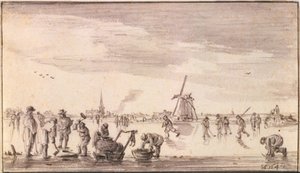 Vinterlandskap med skridskoåkare och fiskare av Jan van Goyen