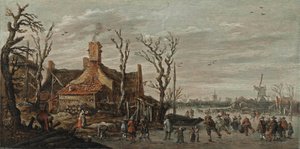 Vinterlandskap med figurer på isen nära en stuga av Jan van Goyen