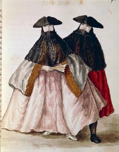 Karnevalskaraktärer i Venedig, illustration från illustrerad bok med venetianska dräkter, av Jan Grevenbroeck (1731-1807), akvarell, Italien