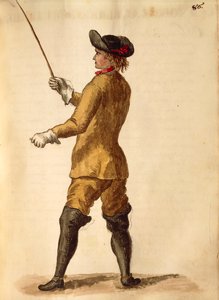Gentleman i riddräkt, av Jan van Grevenbroeck eller Giovanni Grevembroch (1731-1807), Gli Donne de Veneziani, från illustrerad kostymbok, akvarell av Jan van Grevenbroeck
