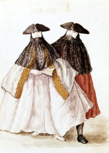 Masker av karnevalen i Venedig. Akvarellteckning och tusch från manuskriptet "Venitianernas seder"" av Jan van Grevenbroek (eller Giovanni Grevenbroich (Grevenbroich) (1731-1807)