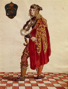 Dräkt av riddare av Confraternity de la Calza (Stocking) 1564, av Jan van Grevenbroeck eller Giovanni Grevembroch (1731-1807), Gli Abiti de Veneziani, från illustrerad bok med kostymer, akvarell av Jan van Grevenbroeck