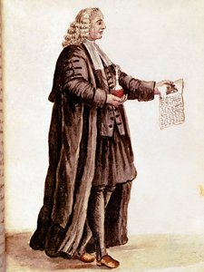 Apotekaren håller i sina händer en liten flaska och ett recept Ritar en akvarell och tusch från ett manuskript av Jan van Grevenbroek (eller Giovanni Grevenbroich (Grevenbroich) (1731-1807) av Jan van Grevenbroeck