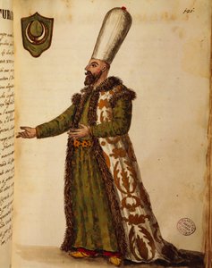 Turkisk ambassadör i Venedig, färgad gravyr av Giovanni di Grevembroch, från Gli vesti de veneziani (venetianernas kostymer), volym II, plansch 121 av Jan van Grevenbroeck