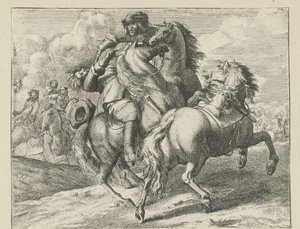 Soldat skjuten på hästryggen Cavalry Scenes (serietitel) av Jan van Huchtenburg (possibly copy after)
