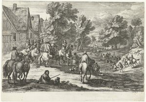 Vy över en by med ryttare i förgrunden av Jan van Huchtenburg