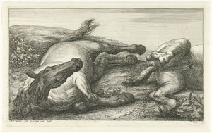 Två fallna hästar, den vänstra sedd framifrån Fallen Horses (serietitel) av Jan van Huchtenburg