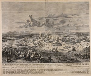 Accurata delineatio praelii Hochstetensis quo ingenti Gallorum et Bavarorum exercitu profligato caeso capto ...  Representation exacte de la fameuse bataille de Hochstet ... av Jan van Huchtenburgh
