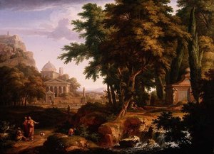 Arkadiskt landskap med St. Peter och St. John Healing the Crippled Man, 1724-25 (par till 68871) av Jan van Huysum