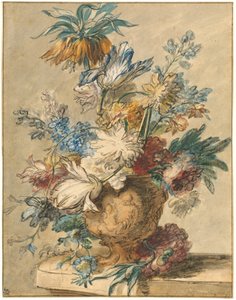 Bukett med vårblommor i en terrakottavas av Jan van Huysum