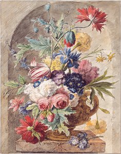 Holländska: Blomsterstilleben i vas med öra på piedestal i nisch Blomsterstilleben av Jan van Huysum