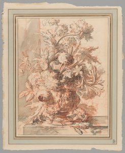 Blommor i en urna dekorerad med putti, på en sockel av Jan van Huysum