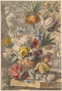 Blommor i en urna och fågelbo på en stensockel, med en staty av "Apollo och Daphne" i bakgrunden av Jan van Huysum