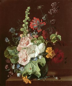 Stokrosor och andra blommor i en vas, 1702-20