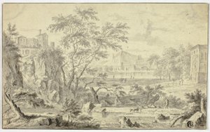 Italienskt landskap med herde och flock för bäck, stad i fjärran av Jan van Huysum