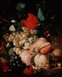 Blandade blommor och frukt med insekter på en marmorsockel av Jan van Huysum