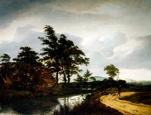 Ett flodlandskap med en stuga, två bönder och deras hund (olja på panel) av Jan van III Kessel