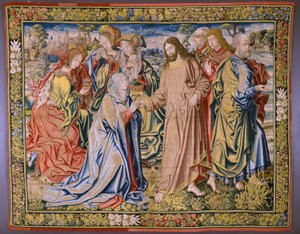 flamländsk gobeläng. Serien Heaven of Charles V. Christ säger adjö till sin mor (Despedida de Cristo/Christ säger adjö till sin mamma). Serietecknaren Jan van Coninxloo. Tillverkning av Julien Portois, Mechelen (Malines). omkring 1521. av Jan van II Coninxloo
