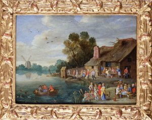 Ett flodlandskap med herrar på ett Village Inn av Jan van Kessel