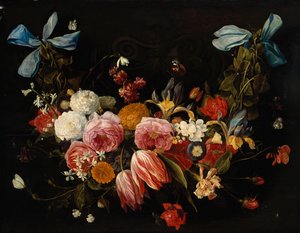 En bylt av rosor, tulpaner, dahlior och andra blommor