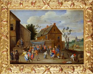 En bröllopsfest på en innergård till ett värdshus av Jan van Kessel