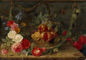 Dekorativ stillebenskomposition med fruktkorg, mitten av 1600-talet av Jan van Kessel