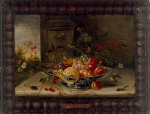 Dekorativ stillebenskomposition med porslinsskål, frukt och insekter, mitten av 1600-talet av Jan van Kessel