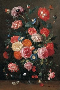 Rosor, nejlikor, morning glory, en vallmo och en kvist körsbär i en glasvas, en brun vägg, en orange spets, en röd amiral och en skatfjäril på ett bord, 1676 av Jan van Kessel
