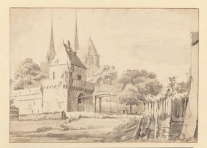 Utsikt över Bergpoort och Bergkerk i Deventer av Jan van Kessel