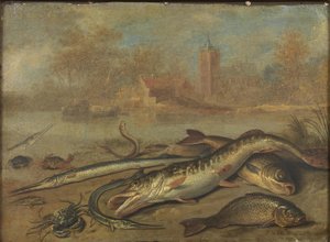 Fisk och landskap av Jan van Kessel the Elder