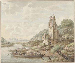 Landskap med pråm med varor nära ett slott av Jan van Lockhorst