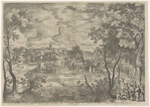 Landskap met Christus die een demon utdrijft vid en stomme man Han kastar ut den eländiga Lord Cacodaemona, besatt av myten, han uttalar vältaliga ord till andarna, Kristus dominerar Stygianerna och tvingar dem att ge upp sin plats Kunglig